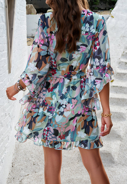 Summer Floral Print Short Sleeves Dress Lace up Ruffles Design Fashion V-Neck Short Dresses Womens Clothing